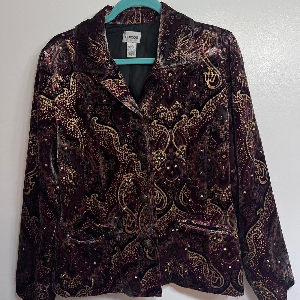 Chico’s Burnout Velvet Paisley Jacket – Silk Blend Tapestry Blazer – Size 1 M